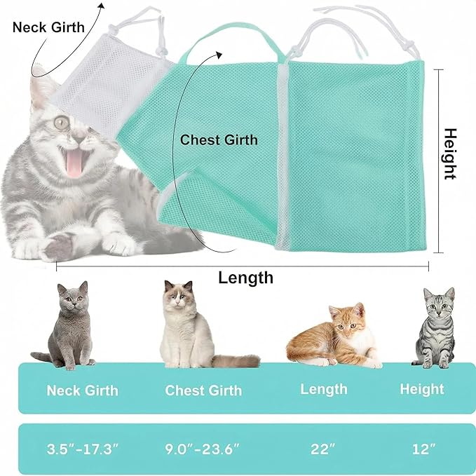 Cat Bathing Bag - Anti-Bite & Anti-Scratch Shower Bag, Adjustable Restraint Bag for Cat Washing, Nail Trimming & Injections, Breathable Mesh Design