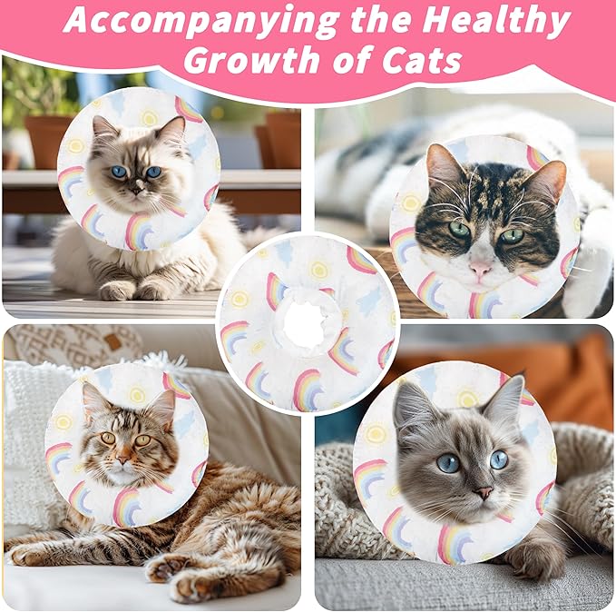 Soft Cat Cone Collar, Cute Cats Recovery Collar Suitable for Small, Medium, Large cat,Elizabethan Neck Collar for Cats After Surgery (Rainbow, Small)