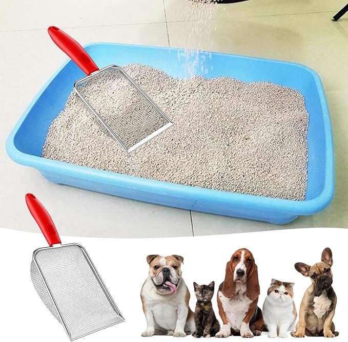 Stainless Steel Mesh Litter Shovel, Fine Mesh Metal Reptile Litter Cleaner Scooper, Black Non-Slip Handle Sifter for Lizard Substrate Reptile Terrarium Sand Waste, Red
