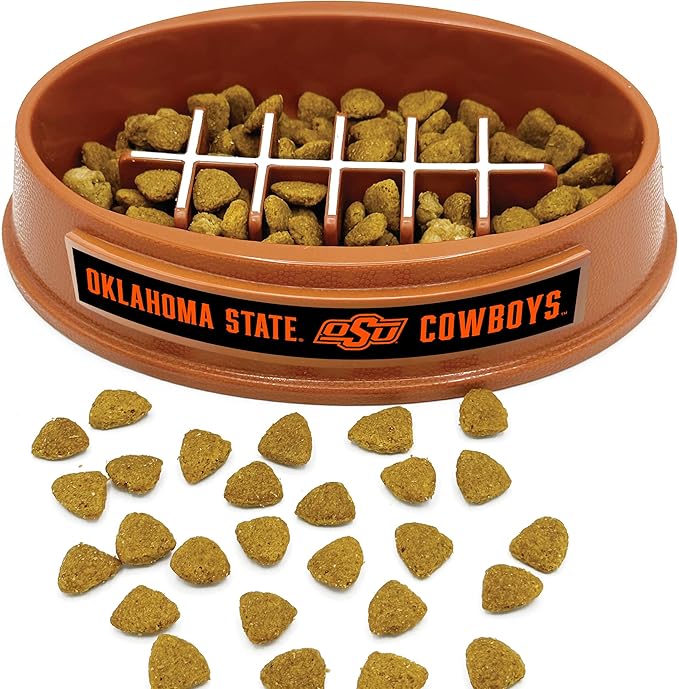 NCAA Super-Bowl - Oklahoma State Cowboys Slow Feeder Dog Bowl. Football Design Slow Feeding Cat Bowl for Healthy Digestion. Non-Slip Pet Bowl for Large & Small Dogs & Cats