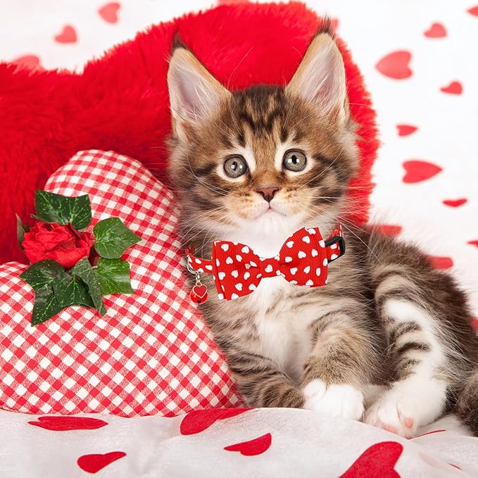 JarThenaAMCS 3Pcs Valentine's Day Cat Collar Love Heart Bowtie Collar with Breakaway Bell Red White Pink Adjustable Kitten Collar for Girl Boy Cat Small Pet