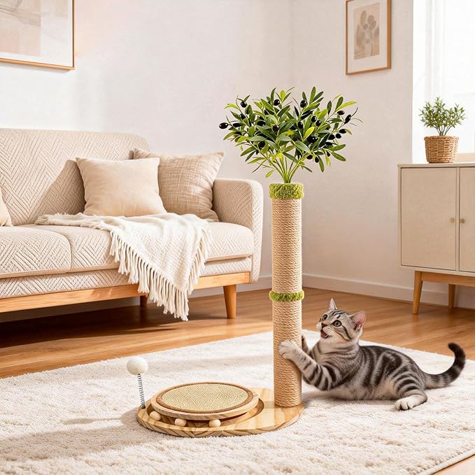 39" Tall Cat Scratching Post, Cute Olive Tree Cat Scratcher, Interactive Cat Toys with Ball Track & Spring Ball, Sturdy Cat Tree with Scratch Pad for Indoor Cats Adults and Kittens
