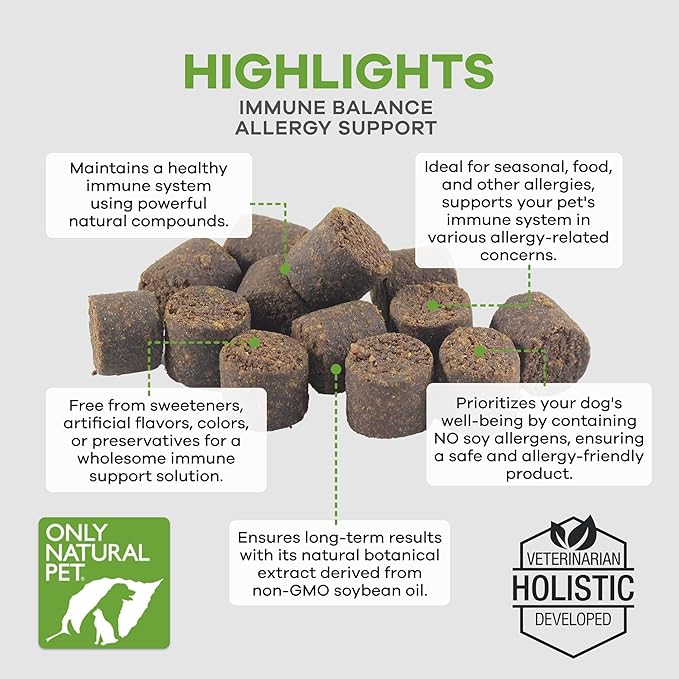 Only Natural Pet Immune Balance - Immunity Booster for Itchy Skin Licking & Scratching w/Phytosterols for Seasonal or Food Allergies Vitamin Supplement for Healthy Dogs - 60 Soft Chews