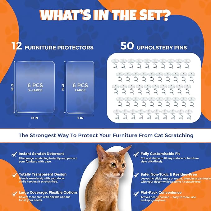 NAVZA® Cat Scratch Furniture Protector, 12 Pcs Couch Protector from Cat Claws Single Side Sticky Sheets, Easy Apply, Anti Scratch Furniture Protector for Sofa Corners, Walls, Doors with 50 Twist Pins