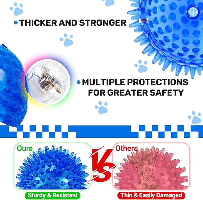 6 Pack 3.5" Light Up Squeaky Dog Toy Balls, Spiky Dog Balls for Small,Medium Large Dogs