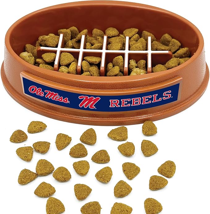 NCAA Super-Bowl - OLE Miss Rebels Slow Feeder Dog Bowl. Football Design Slow Feeding Cat Bowl for Healthy Digestion. Non-Slip Pet Bowl for Large & Small Dogs & Cats