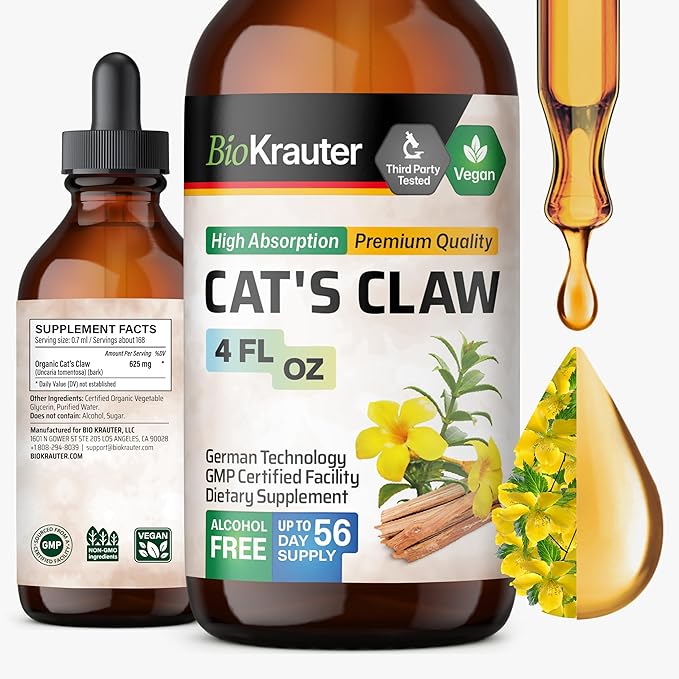 BIO KRAUTER® Сats Сlaw - Liquid Drops Pure Vegan Cats Claw Herb Supplement 625 mg per Serving 4 Fl.Oz 56-Day Supply - Used for Digestive & Immune Support, Natural Antioxidant - Alcohol & Sugar Free