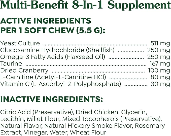 Greenies Dog Supplements 8-in-1 Multi-Benefit Dog Vitamins and Supplements Chicken Flavor, 15.5 oz. Container, 80 Count