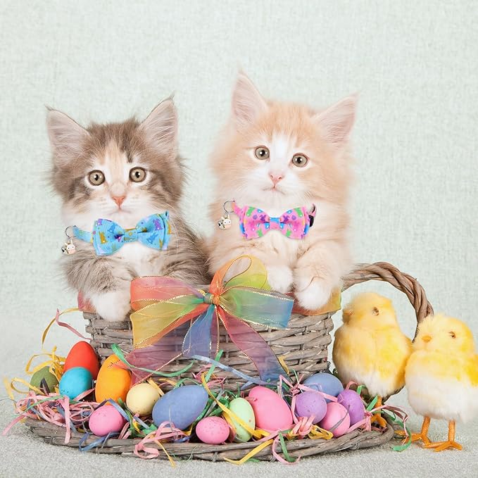 JarThenaAMCS 3 Pcs Easter Cat Collar with Breakaway Bell Bow Tie Rabbit Bunny Egg Adjustable Kitten Collars for Spring Girl Boy Cats Small Pet Party