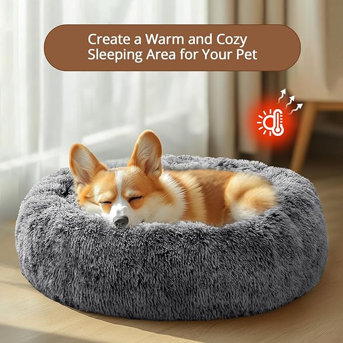 JOLLYVOGUE Calming Dog Bed Medium Size Dog, Anti-Anxiety Donut Medium Pet Bed, 31 inches Fluffy Faux Fur Round Cat Bed, Fits up to 45 lbs Pets (Smoke Black)