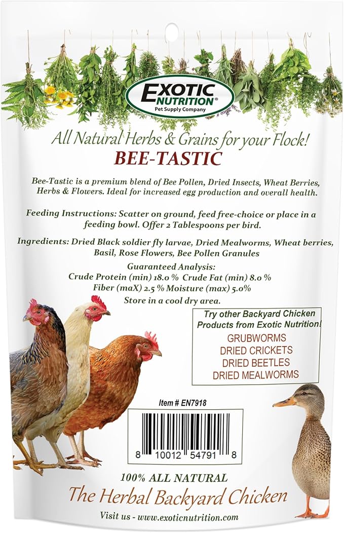 Exotic Nutrition Bee-Tastic - Healthy All-Natural Chicken Treat - Dried Insects, Flowers, Herbs Wheat Berries & Bee Pollen - Promotes Healthy Chickens & Eggs (7 oz)