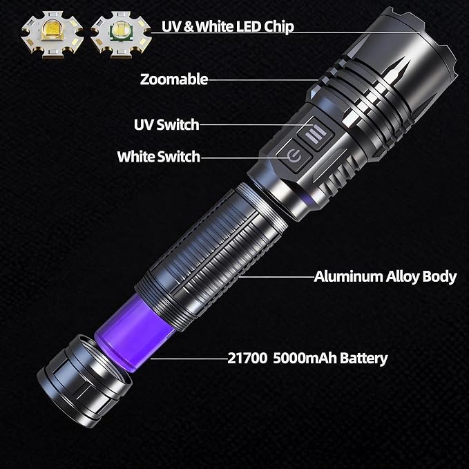 2-in-1 UV Flashlight 365nm & High Lumens LED, 5000mAh Rechargeable Tactical Torch, Zoomable Black Light for Pet Urine Detector, Rock Hunting, Resin Curing, Scorpions