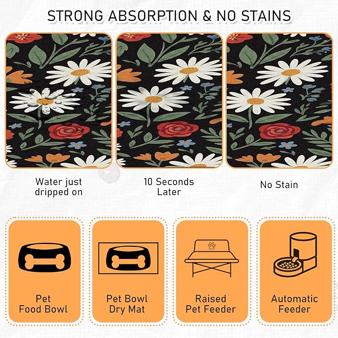Dog Cat Food Mat - Absorbent Quick Dry Dog Bowl Mats for Food and Water, Anti Slip Cat Feeding Placemat for Floors, Diatomite Pet Dish Matts Accessories Supplies, Floral Style, 12 * 20in