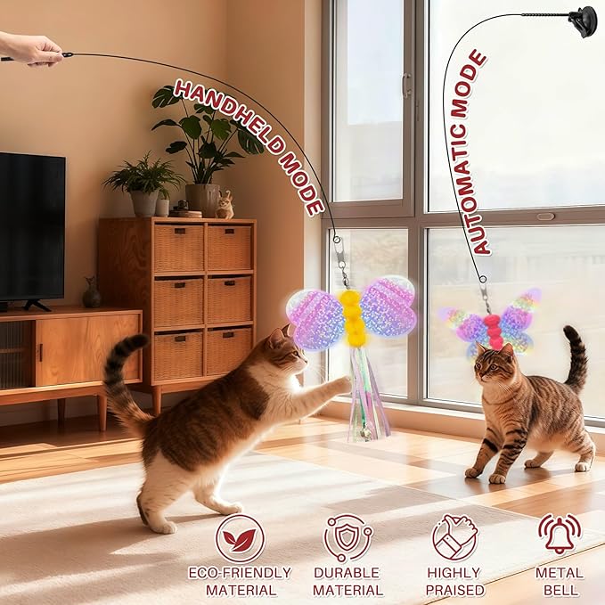 Walfront Interactive Cat Wand Toy Set with Replaceable Butterfly & Bee Bell Heads, Dual Suction Cup Base, for Self-Play or Handheld Fun with Indoor Cats & Kittens, Keeps Pets Active and Stimulated