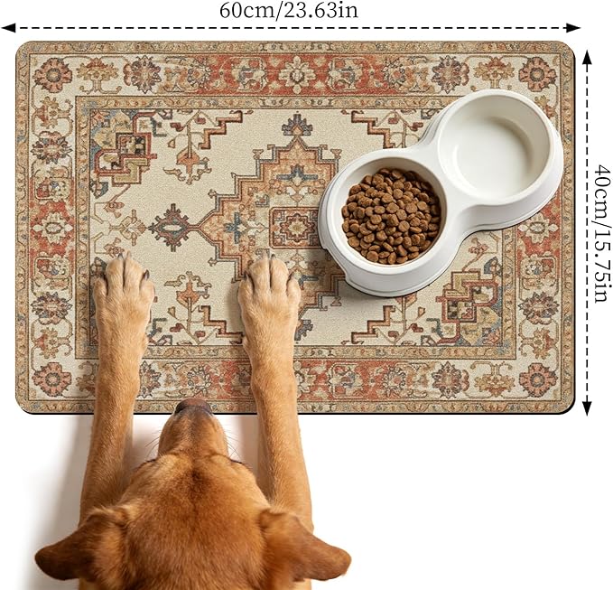 Pet Dog Food Mat - Absorbent Diatomite Dog Cat Feeding Mats for Food and Water, Anti Slip Dog Cat Bowl Placemat for Floors, Quick Dry Pet Dish Matts Supplies, Bohemia Style, 16 * 24in