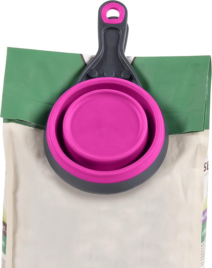 Dexas Pets Collapsible KlipScoop Collapsible Dry Dog Food Scoop and Dog Food Bag Clip, 2 Cup Capacity, Fuchsia (Pack of 2)