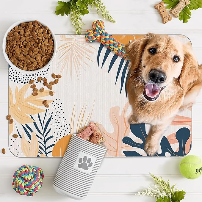 Boho Tropical Leaves Dog Food Mat for Floors,Absorbent Pet Food and Water Bowl Mats,Non-Slip Pet Feeding Mat,Pet Supplies 12" x 20"