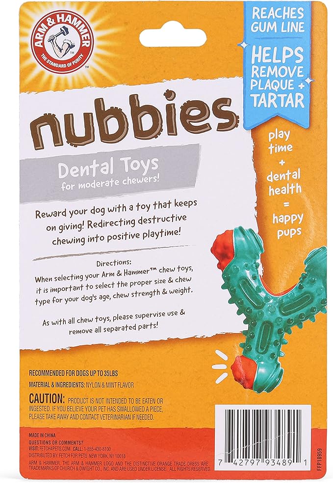 Arm & Hammer for Pets Nubbies Wishbone Dog Dental Toy| Best Dog Chew Toy for Moderate Chewers | Dog Dental Toy Helps Reduce Plaque & Tartar | Chicken Flavor Baking Soda (Pack of 2)