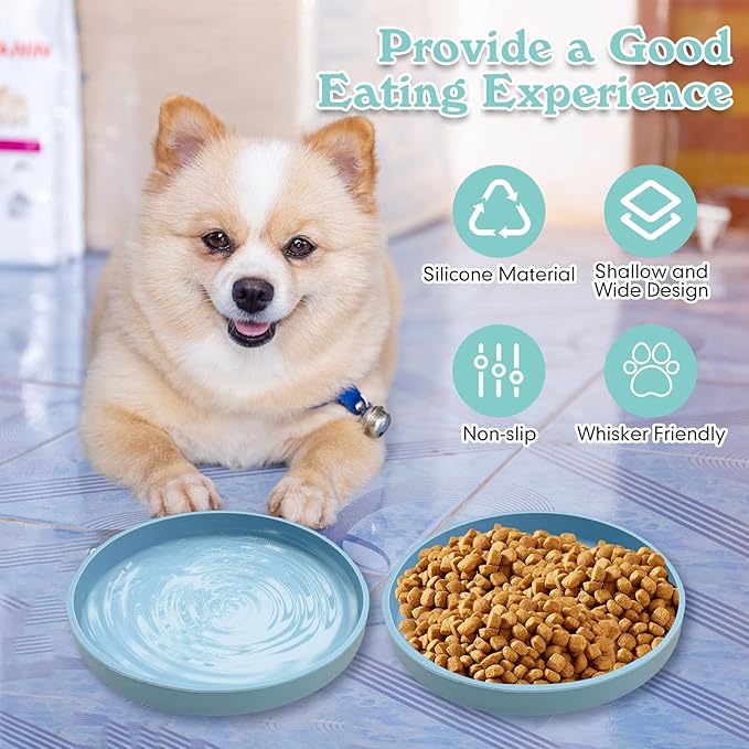 Silicone Dog Bowl Shallow Cat Food Bowls 7" Wide Puppy Plates Whisker Fatigue Pet Feeding Dishes Set of 3 for Dry and Wet Food Indoor (Blue + Pink + Green)