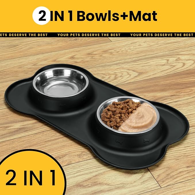 Stainless Steel Dog Bowls with Non-Slip Silicone Mat, Spill Proof Food & Water Bowls Set, Easy Clean Puppy Food Dish, Dishwasher Safe, Suitable for Dogs Cats Pet Under 20lbs, Small, Black