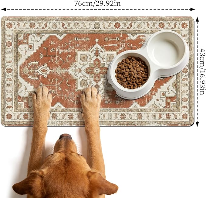 Dog Food Bowl Mat - Absorbent Quick Dry Dog Feeding Mats for Food and Water, Anti Slip Cat Bowl Placemat for Floors, Diatomite Pet Dish Matts Accessories Supplies, Bohemia Style, 17 * 30in