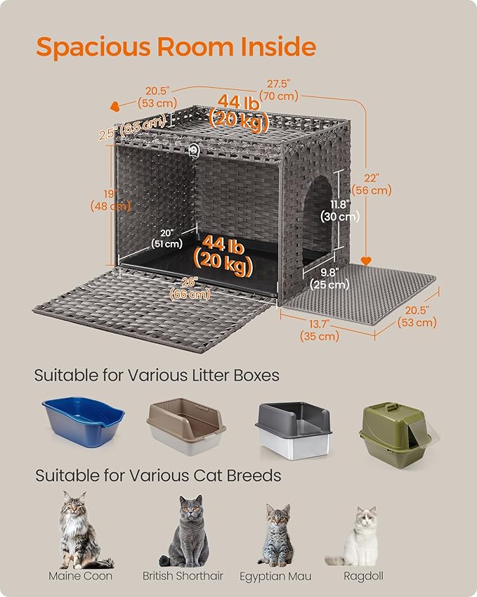 Feandrea Cat Litter Box Enclosure, Handwoven Rattan Hidden Litter Box Furniture with Extra Litter Mat, Removable Washable Tray, Boho Cat House, End Table, Dove Gray UPCL014G01