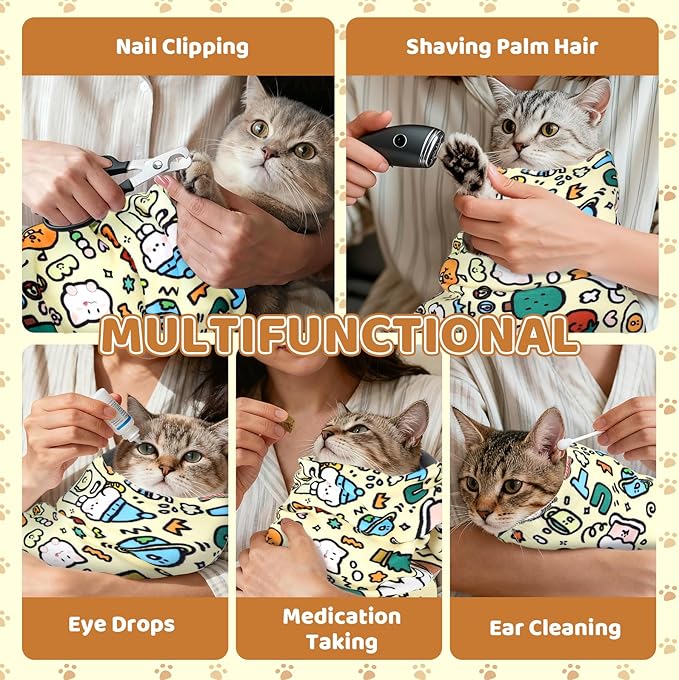 27.6" Cat Grooming Wrap for Cutting Nails, Graffiti Pattern Self-Adherent Fabric Wrap for Cats, Anti-Scratch Anti-Escape Multifunctional Cat Swaddle Tool for Teeth Brushing, Ear Cleaning