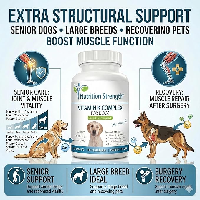 Vitamin K for Dogs - K1 & K2 (MK4 + MK7) + Vitamin D3 for Bone Health, Heart Support & Calcium Absorption - Advanced Formula for Strong Joints, Muscle & Immune Support - 120 Tablets