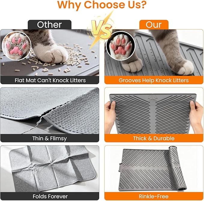 Cat Litter Box Mat, 34" x 22" Large Silicone Waterproof Litter Trapping Mat for Scatter Control, Non-Slip, Easy to Clean, Soft on Kitty Paws