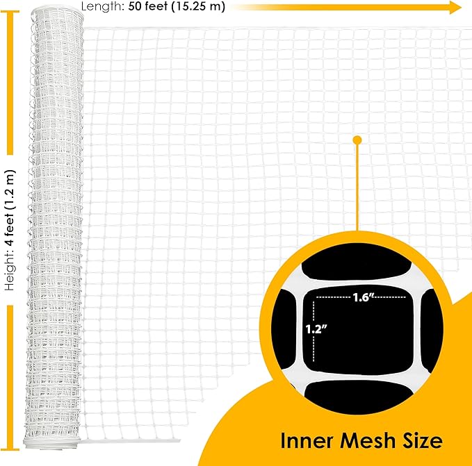 Houseables Plastic Fence, Plastic Mesh Fence, Mesh Fencing, Deer Netting, Cat Netting, Temporary, Wire Fencing, Balcony, Pets, Garden, Chicken, Poultry, Dogs, Construction, Yard, White, 4 x 50 FT Roll