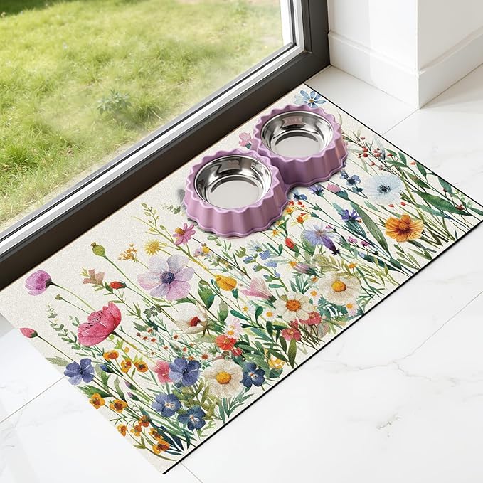Dog Cat Food Mat - Absorbent Anti Slip Dog Bowl Mats for Food and Water, Quick Dry Cat Feeding Matts for Floors, Diatomite Pet Dish Placemat Accessories Supplies, Wildflower Style, 17 * 30in