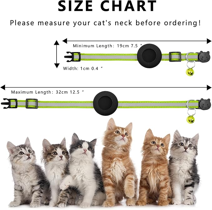 Cat Collar with Air Tag Holder, Reflective Kitten Collar with Bell, Breakaway Airtag Cat Collar for Boys Girls Cats, GPS Tracker for Cats 0.4’’ Width Adjustable Safe Kitty Collar, Neon Green