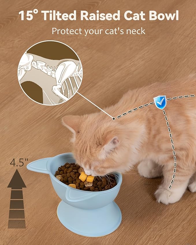 MateeyLife Raised Cat Bowls, Cat Food Bowl Elevated for Kittens & Small Dogs, 15°Tilted Protect Pets' Neck and Anti Vomiting, Whisker Friendly Food & Water Feeding Bowl, 6 oz Each - Blue