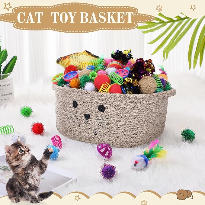 Zopeal 58 Pcs Valentine's Day Cat Storage Basket Gift Toys Set, Colorful Flashing Balls Pet Bell Crinkle Balls Spring Toys Attract Cat to Swat, Hunt, Interactive for Pet(Dark Brown,12 Inch)