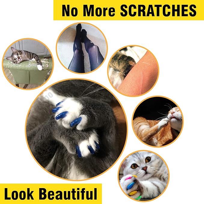 zetpo 80 pcs Cat Claw Covers | Cat Nail Caps | with Adhesives and Applicators (L, White, Black, Blue Glitter, Sky Blue)