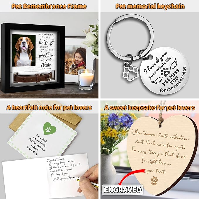 Personalized Pet Memorial Frame with Collar Holder, Engraved Pet Memorial Ornament, Dog Cat Sympathy Card, Loss of Dog Keychain Paw Prints Charm Sympathy Gift, Remembrance Gift for Cat Lovers