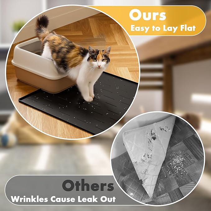 Pieviev Silicone Cat Litter Trapping Mat, 34''x22'' Large Cat Litter Mat, Easy to Clean & Soft on Kitty Paws, Waterproof Kitty Litter Pads for Indoor Cats, Black