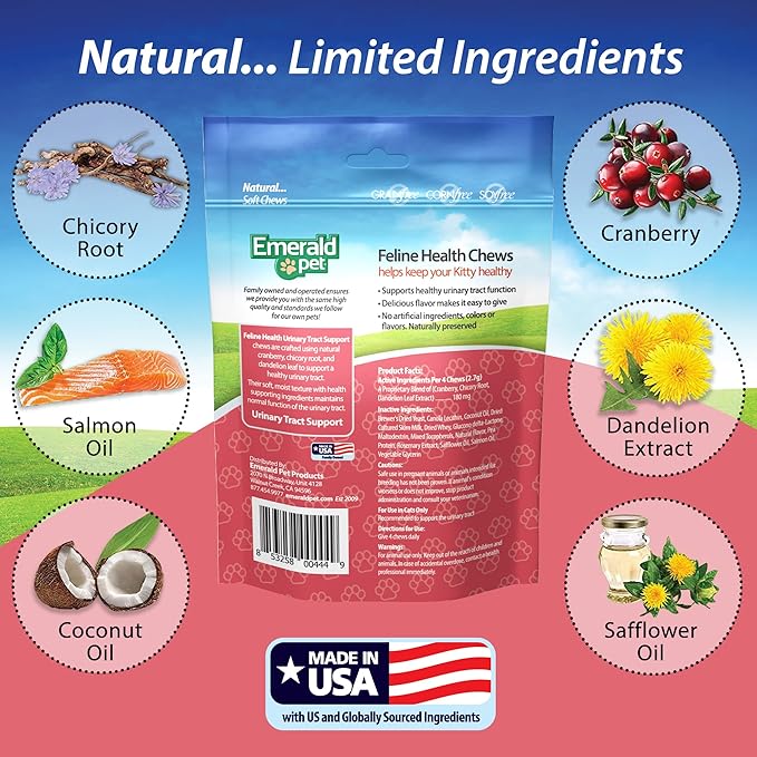 Emerald Pet Feline Health Chews UT Support — Natural Grain Free Urinary Tract Health Cat Chews — Cat Urinary Supplements with Cranberry, Chicory Root, and Dandelion Leaf Extract — Made in USA, 2.5 oz