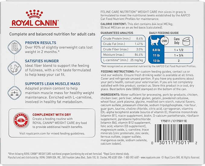 Royal Canin Feline Care Nutrition Weight Care Adult Thin Slices in Gravy Cat Food, 3 oz (Pack of 6)