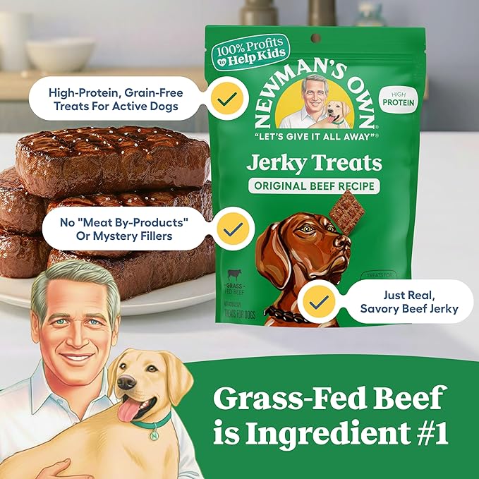 Newman's Own Original Beef Jerky Dog Treats, 5 oz Bag (Pack of 6) — High Protein, Grain Free, Grass-Fed Beef as First Ingredient, Chewy Wholesome Training Rewards
