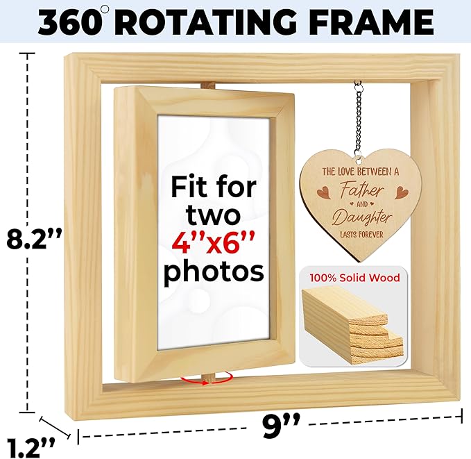 Father's Day Gift Rotating Picture Frame, Dad Frame Fits 4x6 Photo, To the World You Are a Dad Wooden Keepsake Ideas Birthday Gift for Father Stepdad from Daughter Son Tabletop Display HR-DAD-N