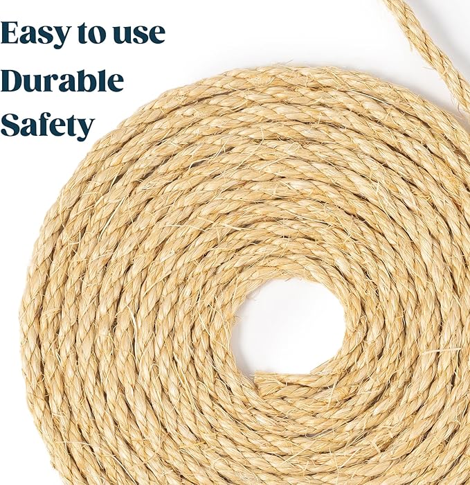 Pelzin Natural Sisal Rope for Cat Scratcher 1/4 Inch by 50 Feet, Cat Tree Rope Twine for Cat Scratching Post Replacement, Cat Tower with Scratch Post Repairing, Replace, Recovering and DIY, Natural