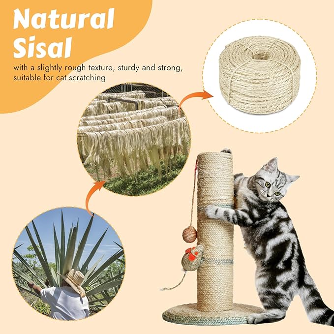 164 Feet Sisal Rope for Cat Scratching Post, 4 mm Natural Cat Tree Rope, DIY Hemp Twine Rope for Repairing, Recovering Scratch Post Cats Tree Tower Replacement (Natural)