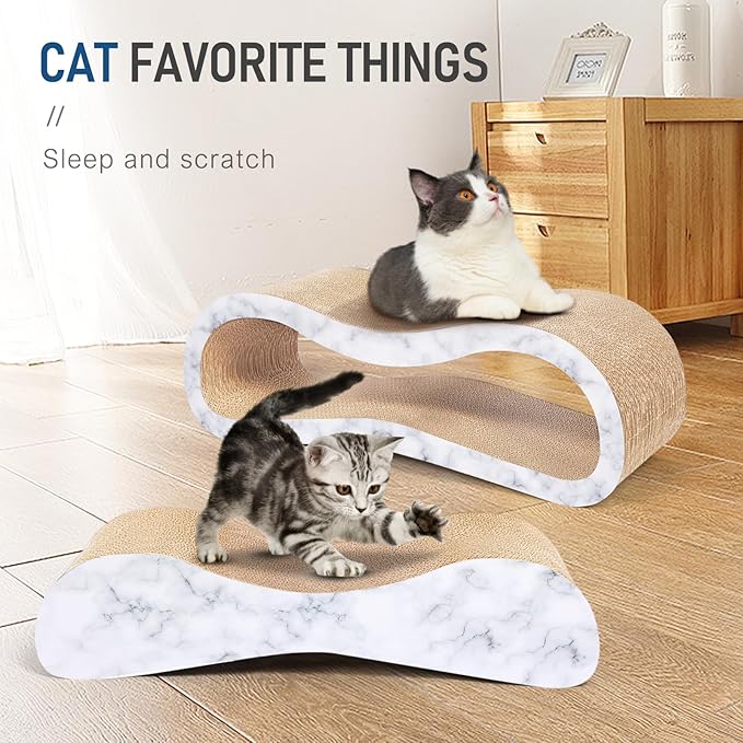Simple Delxue 2 in 1 Cat Scratcher Cardboard Lounge Bed, Cat Scratching Post, Durable Board Pads Prevents Furniture Damage,Large,Marble White