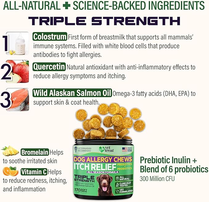 Dog Allergy Relief Chews - 170 Dog Allergy Chews - Itch Relief for Dogs - Anti Itch for Dogs - Dry & Itchy Skin - Allergies & Immune Support Supplement, Omega 3 Fish Oil, Colostrum - USA