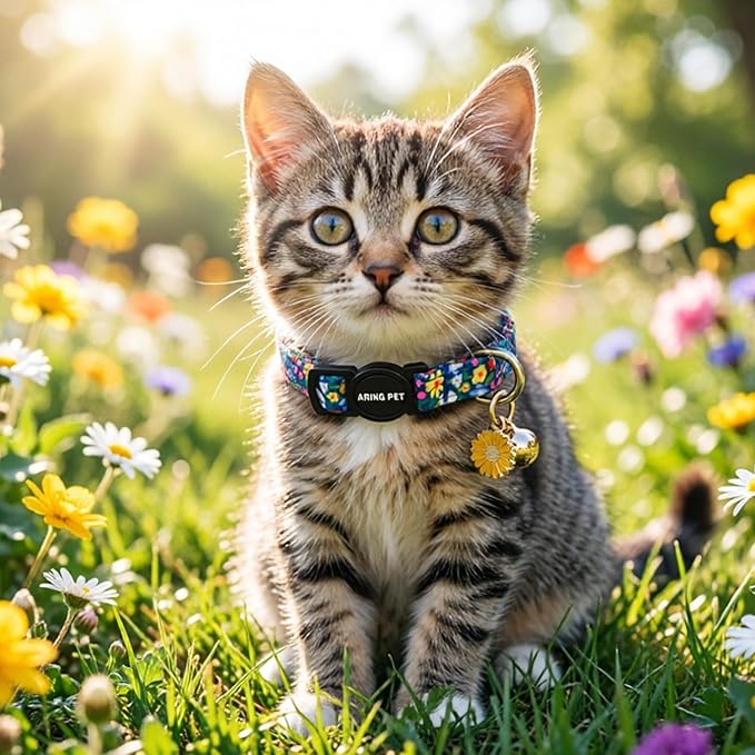 ARING PET 2 Pack Cat Collar, Breakaway Kitten Small Cute Pink Floral Bow Collars with Bells for Girl Female Cats