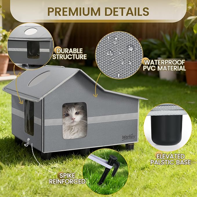 Outdoor Cat House Weatherproof, Outside Cat House for Outdoor Feral Cats, Insulated Cat Shelter with Cozy Mat and Elevated Bases
