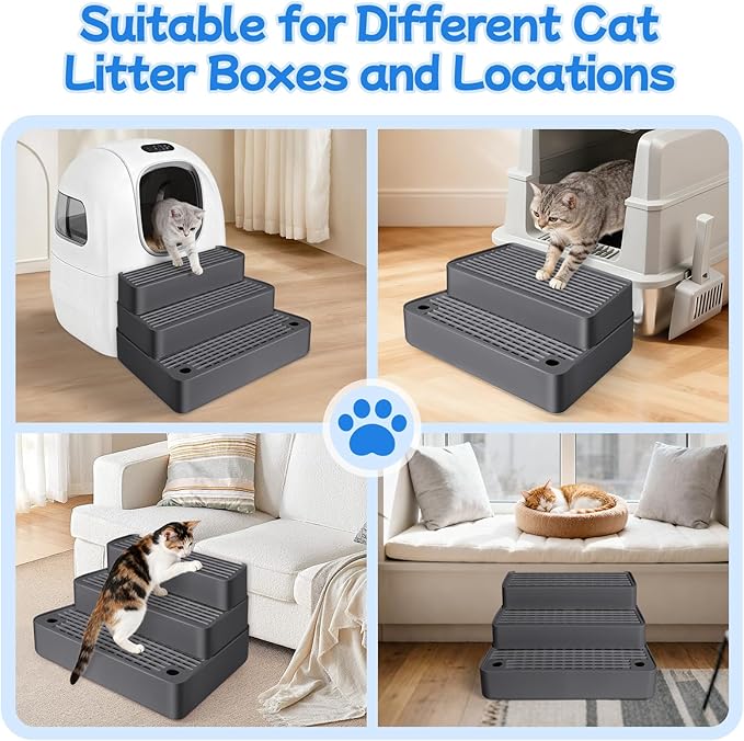 Extra Large 3 Steps Litter Box Ramp, Adjustable Cat Litter Box Step with Filter Function, Easy to Clean Cat Litter Stair Catcher for Elderly Cats and Kitten (Dark Grey)