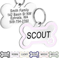 GoTags Stainless Steel Pet ID Bone Round and Heart Shaped Tags with Enamel Paw Design, Personalized Dog and Cat Tags, up to 5 Lines of Custom Text, Engraved on Both Sides (Lavender, Regular Bone)