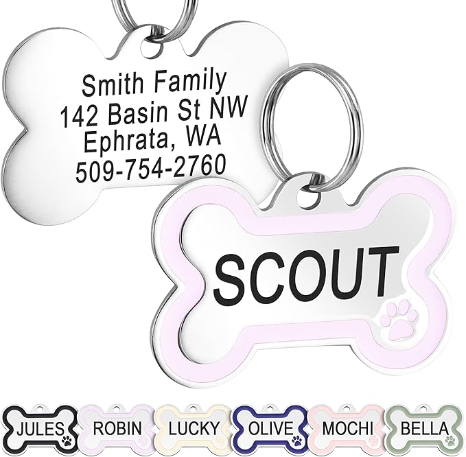 GoTags Stainless Steel Pet ID Bone Round and Heart Shaped Tags with Enamel Paw Design, Personalized Dog and Cat Tags, up to 5 Lines of Custom Text, Engraved on Both Sides (Lavender, Regular Bone)